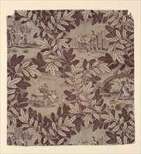 Fables of La Fontaine (Furnishing Fabric), Rouen, c. 1830. Foliage with scenes from the Fables of Jean de La Fontaine: 'Le Villageois et le Serpent', villager attacking a snake with an axe; 'Le Chêne ...