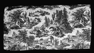 La Manufacture de Munster (Furnishing Fabric), Munster, c. 1816. Vignettes of rural scenes, and a view of the Munster textiles factory in France. Designed by Antoine Henri Lebert after Carle Vernet, m...