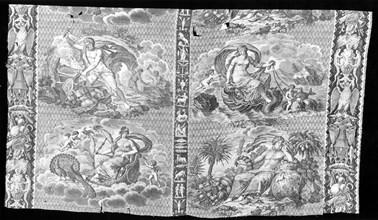 The Elements (Furnishing Fabric), Nantes, 1810/20. Vulcan at his forge representing Fire; sea goddess on a shell pulled by dolphins representing Water; chariot pulled by peacocks representing Air; mal...