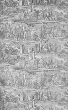 La Vie de Jeanne d'Arc (The Life of Joan of Arc) (Furnishing Fabric), Bolbec, after 1817. Joan, wearing armour, conquers Britannia; Joan is burned at the stake. Designed by Charles Abraham Chasselat, ...