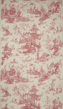 Panel (Furnishing Fabric), Nantes, c. 1786. Chinese-inspired pattern with teahouses, pagodas, exotic birds and nobles being carried in litters. Designed by Jean Baptiste Huët after Jean Baptiste Pille...