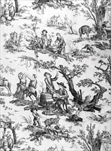 L'Abreuvoir, (The Drinker), Furnishing Fabric, France, 1796/97. Rustic scenes of drinking and dancing, designed by Jean Baptiste Huet, manufactured by Christophe Philippe Oberkampf.