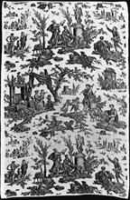 Le Sacrifice à l'Amour (Offrande à l'Amour) (Furnishing Fabric), France, c. 1795. Sacrifice/offering to Love: rustic scenes with shepherd and shepherdess offering a lamb before a statue of Cupid; bagp...