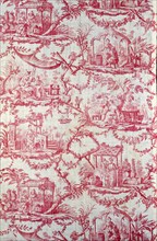 Chinoiseries (Furnishing Fabric), France, c. 1780. Chinese-influenced pattern, floral print with vignettes of people. Designed by Jean Baptiste Pillement after engravings by Pierre Charles Canot, Manu...