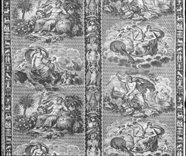 The Elements (Furnishing Fabric), Munster, c. 1810. Vulcan at his forge representing Fire; sea goddess on a shell pulled by dolphins representing Water; chariot pulled by peacocks representing Air; ma...