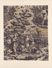 Le Solitaire au Pont du Torrent (The Hermit at the Bridge over the Torrent) (Furnishing Fabric), Munster, c. 1822. Man playing a lyre with a dead deer at his feet. Designed by Marius Rollet, manufactu...