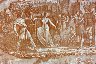 Départ d'Elodie pour Nancy, (Furnishing Fabric), Munster, c. 1822. Scene from "Le Solitaire": Departure of Elodie for Nancy. Designed by Marius Rollet, probably manufactured by Hartmann et Fils.