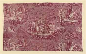Panel (Furnishing Fabric), France, c. 1820. Pattern of couples in garden settings. One of the vignettes shows a funerary monument inscribed 'Ici Repose l'Epouse de Fiz-Henri', [Here lies the wife of F...