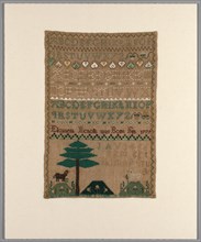 Sampler, United States, c. 1785. The maker was aged about 6 years old.