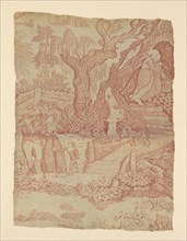 Changing Seasons (Furnishing Fabric), England, 1789/90. Saint or hermit by a waterfall, a family walking in the countryside.