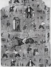 Panel (Furnishing Fabric), England, c. 1820. Occupations and pastimes: astronomy, duelling, horseracing, sentry duty, itinerant vendor.