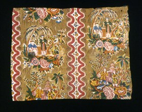 Fragment (Furnishing Fabric), England, c. 1825. Floral print with vignettes of people.