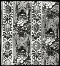 Fragment (Furnishing Fabric), England, 1830/40. Floral print with gothic church motif.
