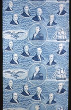 Panel (Furnishing Fabric), England, c. 1830. Portraits of US presidents with eagle and sailing ship motifs.