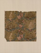 Fragment (Furnishing Fabric), England, 1837/38. Floral print with motifs of the  royal coat of arms of the United Kingdom and a woman, probably Queen Victoria who acceded to the throne in 1837.