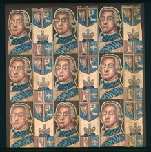 Panel (Furnishing Fabric), England, c. 1760. King George III with British heraldic symbols: harp, horse, lion, fleur de lis, crown.