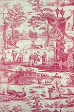 Commedia del'Arte (Furnishing Fabric), England, after 1770. Characters and musicians including Pulcinella; peacocks, sheep and beehives; musicians; a garden with a fountain.
