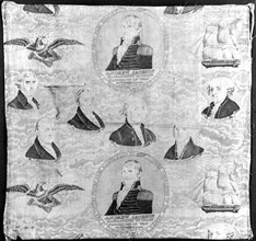 Fragment (Furnishing Fabric), England or United States, c. 1837. Portraits of US presidents with eagle and sailing ship motifs.