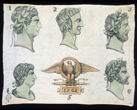 Panel (Furnishing Fabric), London, c. 1850s. Busts of Roman emperors in profile, with eagle and laurel wreath motif.