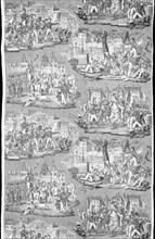 Panel (Furnishing Fabric), Rouen, c. 1830. Vignettes of heroic scenes and battles of France. Engraved by Alexandre Buquet, made by Henry Manufactory.