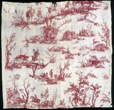 La Chasse au cerf et au sanglier (Furnishing Fabric), France, c. 1780. Deer and wild boar hunting. Engraved by Johann Elias Ridinger after Philip Wouverman, manufactured by Christophe Phillipe Oberkam...