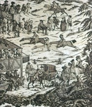 Horseracing at the Turf Inn (Furnishing Fabric), England, c. 1780. Horseracing: spectators; jockeys and horses; carriages arriving at the tavern. Engraved by John Williams Edy after John Nost Sartoriu...