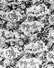Tauromachie (The Bull Fight) (Furnishing Fabric), England, c. 1840. Floral print with vignettes of matadors and bulls.