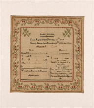 Sampler, United States, c. 1819. 'Family Record'. The maker was aged 15.
