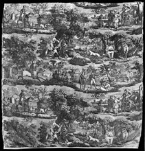 La Chasse à Rouen (Hunting at Rouen) (Furnishing Fabric), Rouen, 1840. Deer hunting: huntsmen shooting a stag, deerhounds. Designed by Horace Vernet.