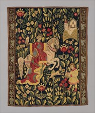 Tapestry, Hungary, 1904/1914. Hunting scene, figure on horseback with a falcon. Probably made at the Gödöllo School of Weaving.