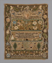 Sampler, Rhode Island, 1791. 'Teach us to number our days, That we may apply our hearts to WISDOM. May spotless innocence and truth my every action guide; And guard my unexperienced youth from arrogan...