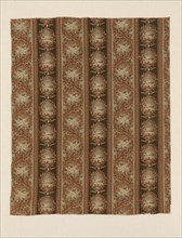 Panel (Furnishing Fabric), New Hampshire, c. 1876. Floral print with patriotic motifs: US flag, Liberty Bell and Cap, eagle, drums, cannon. Manufactured by Cocheco Cotton Manufacturing Company.