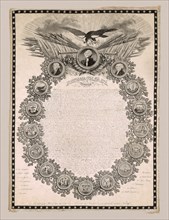 Panel (Furnishing Fabric), Lyon, 1820. 'In Congress, July 4th 1776, The Unanimous Declaration of the Thirteen United States of America', text of the US Declaration of Independence with portraits of pr...