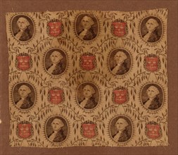 Fragment (Furnishing Fabric), Massachusetts, c. 1876. Printed with portraits of George Washington, and scales motif with the word 'Peace'.