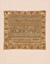 Sampler, United States, 19th century. 'Meliza Thornal Aged 10 years. This I do to let you see; What care my parents takes of me'.