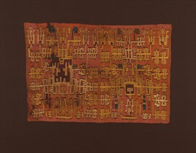 Panel, Peru, Possibly 500/600. Abstract anthropomorphic beings (possibly deities) wearing ornate whiskered feline masks, headdresses, and ear ornaments.