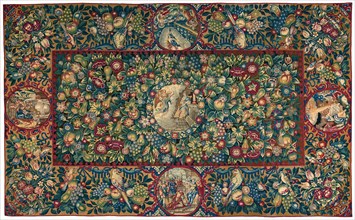 Table Carpet (Depicting Scenes from the Life of Christ), Netherlands, 1600/50. The Circumcision in the Temple, the Angel announcing the birth of Christ to the Shepherds, the Three Wise Men, the Annunc...