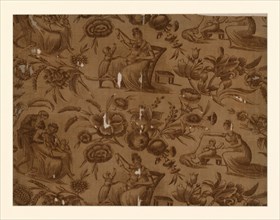 Panel (Furnishing Fabric), England, 1801/25. Floral print with vignettes of family life. Possibly designed by Adam Buck.