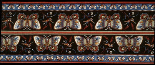 Panel (Furnishing Fabric), England, 1856. Roller-printed cotton cloth with butterfly motif, to be cut down the middle and used as borders for bedcovers and furnishings. Printed and manufactured by Lan...