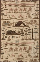 The Irish Volunteers (Furnishing Fabric), Kildare, 1782. Soldiers on parade, flag reading 'Loyal and Determined'. Probably designed by Gabriel Beranger, printed by Thomas Harpur.
