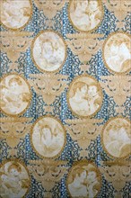 Panel (Furnishing Fabric), France, c. 1830. Oval vignettes of people, with ornate pattern.