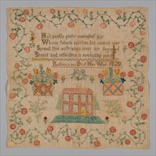 Sampler (Needlework), United States, 1820. 'Hail gentle piety unmingled joy; Whose fulness satisfies but cannot cloy; Spread thy soft wings over my devoted; Breast and settle there in everlasting gues...