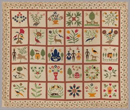Album Quilt, New York, 1854. Made before the American Civil War (1861-1865), this quilt depicts sensitively portrayed African American figures who seem to be a family, possibly the maker's own. Appliq...