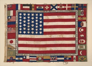 Panel (Furnishing Fabric), United States, 1876. The stars and stripes, borderd by flags of many nations.