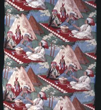 Panel (Furnishing Fabric), United States, 19th century. Motif of Native Americans sitting outside a tipi smoking pipes.