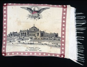 Pillow Cover (Furnishing Fabric), United States, 1876/80. The American eagle flies above the Memorial Hall and Art Gallery in Philadelphia, built to celebrate the centennial - the 100th anniversary of...