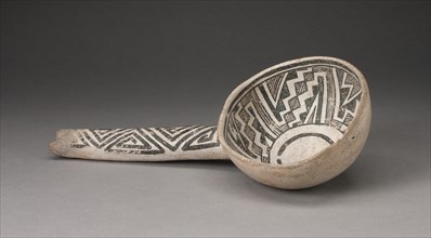 Dipper or Ladle with Interlocking Zigzag and Step-Fret Designs, A.D. 1000/1300. A ceramic vessel with a long handle, its bone-white surface decorated with black geometric designs.