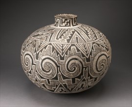 Storage Jar (Olla) with Black, White, and Hathed Linked Scrolls, Triangles, and Stepped Motifs, A.D. 950/1400.