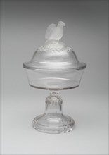 Old Abe/Frosted Eagle pattern medium covered compote on pedestal, 1880/90. Attributed to the Crystal Glass Company.