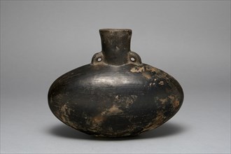 Blackware Jar with Single Spout, A.D. 1200/1450. A squat oval-shaped ceramic jar, painted black, with a cylindrical top and two very small handles on either side of the top. Some visible paint loss.